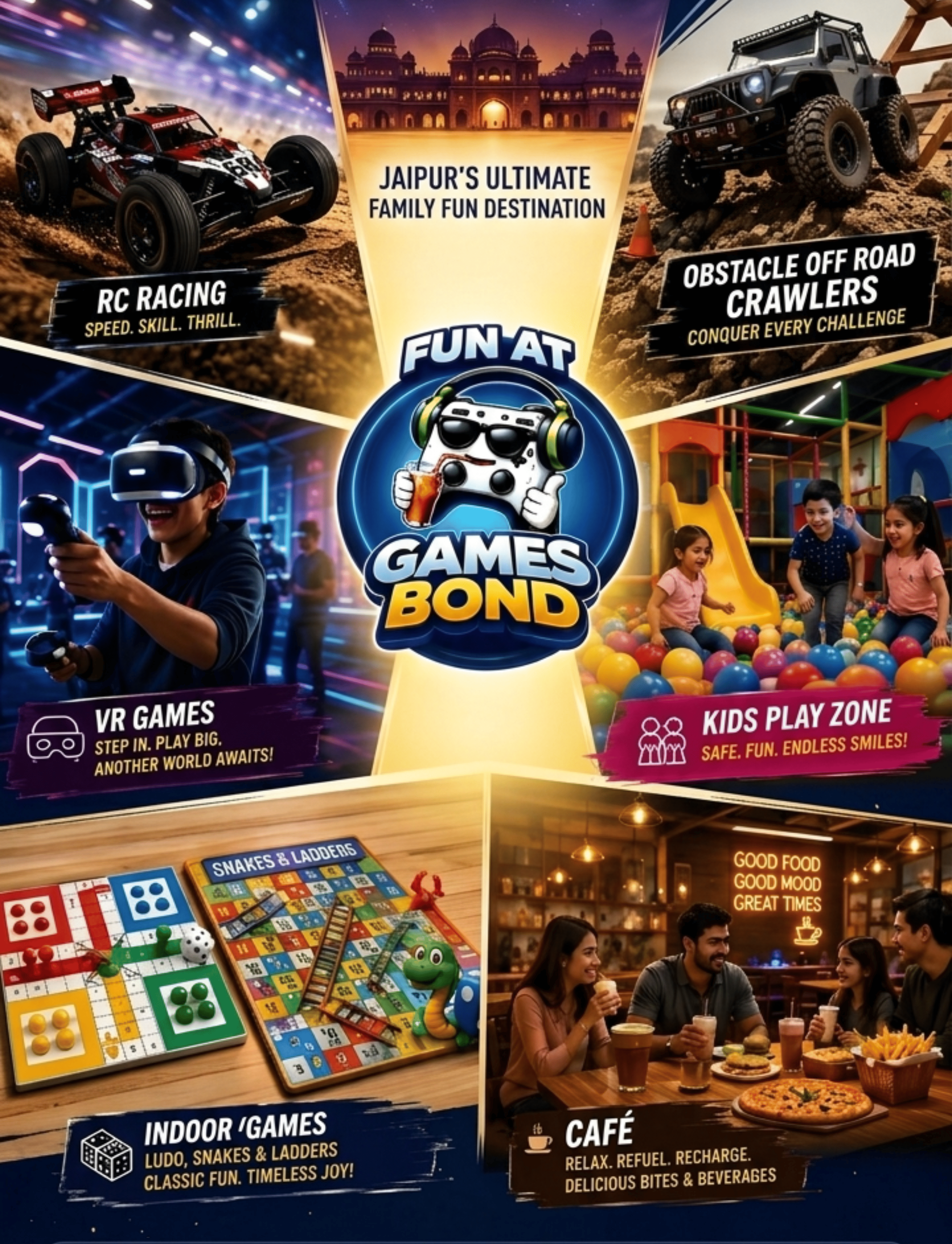 GAMES BOND activities collage with RC racing, VR games, kids playzone, indoor games, and cafe
