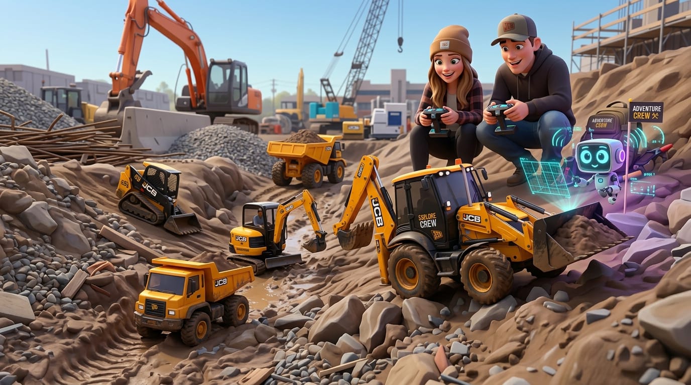 Construction RC trucks and excavators on a rocky worksite