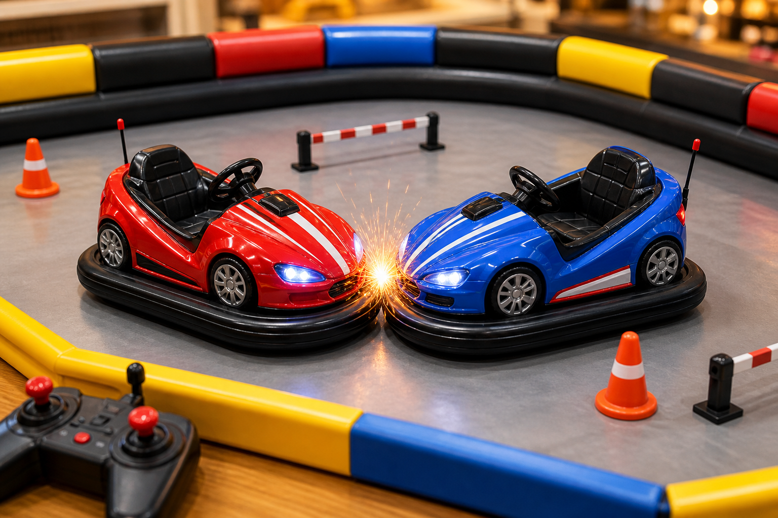 Two RC bumper cars clashing together in an indoor arena