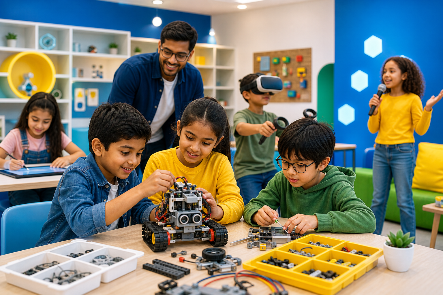 Children learning robotics, animation, public speaking, and future skills