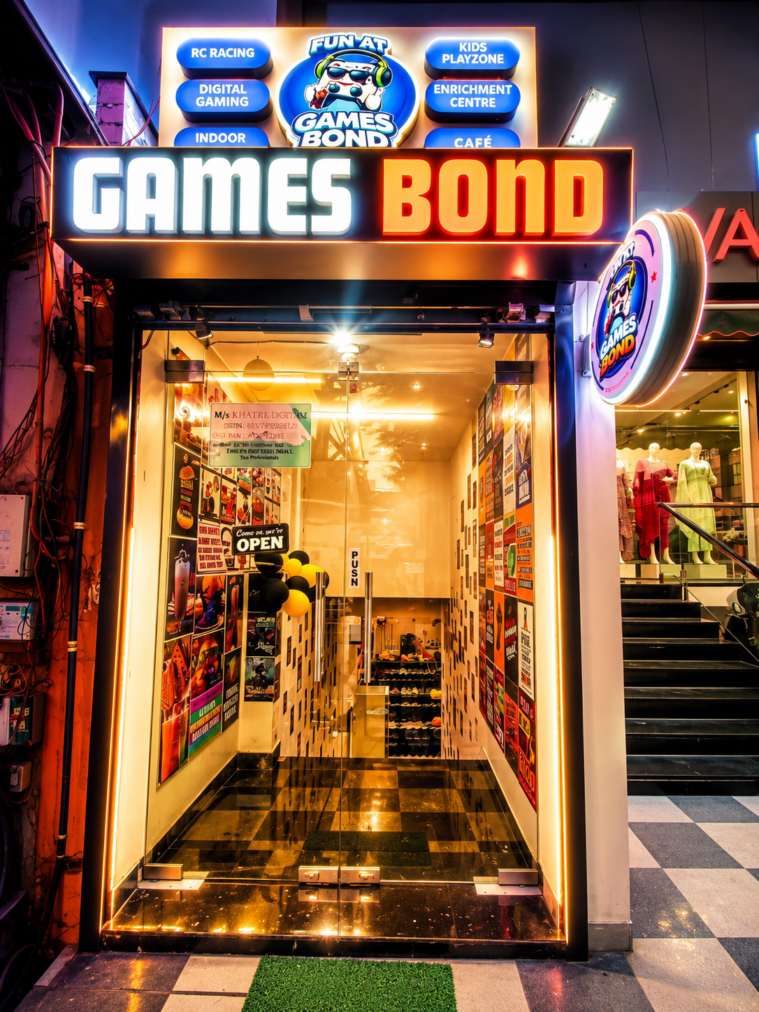 The illuminated entrance of GAMES BOND in Vaishali Nagar, Jaipur
